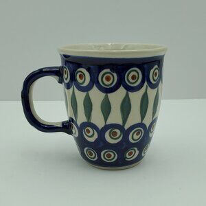 Polish Pottery Peacock Leaves Mug Peacock Blue Circles Green Stripes Mugs